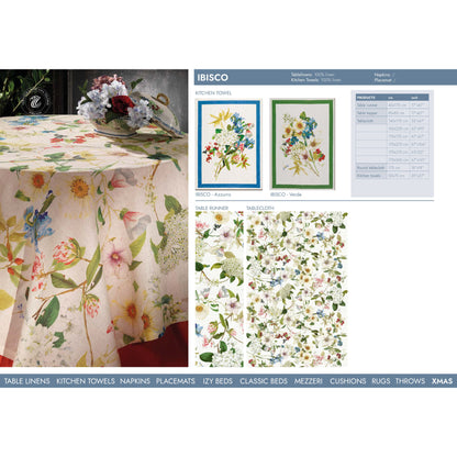 Linnen tafelkleed Ibisco met hibiscus en heel veel andere bloemen, kies je formaat (ook rond en als tafelloper)