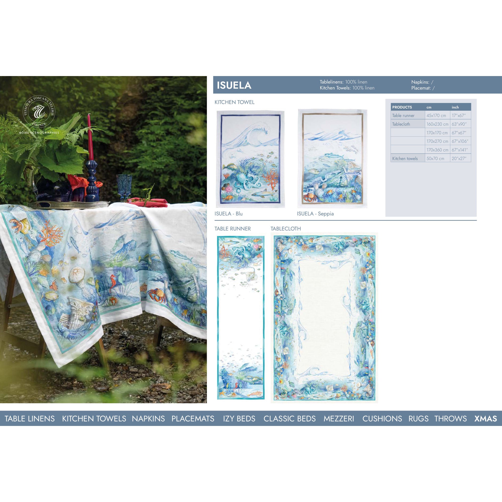Isuela linnen tafelloper en tafelkleden 'seascape' met verborgen schatten, vissen etc, kies je formaat