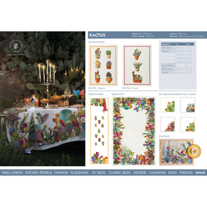 Kactus linnen tafelloper en tafelkleden met bloeiende cactussen, kies je formaat