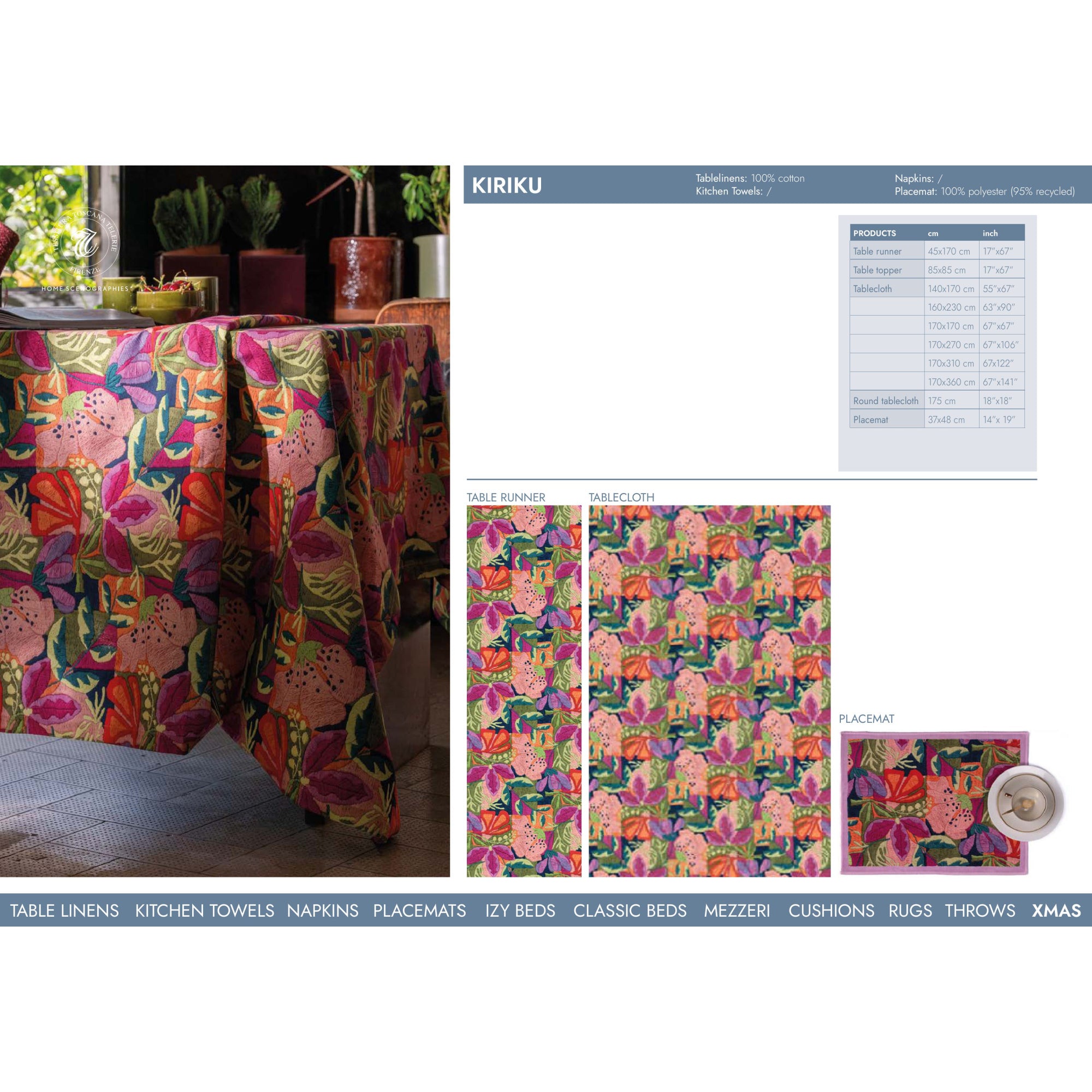 Katoenen tafelkleed Kiriku met 'geborduurde bloemen', kies je formaat (ook rond en als tafelloper)