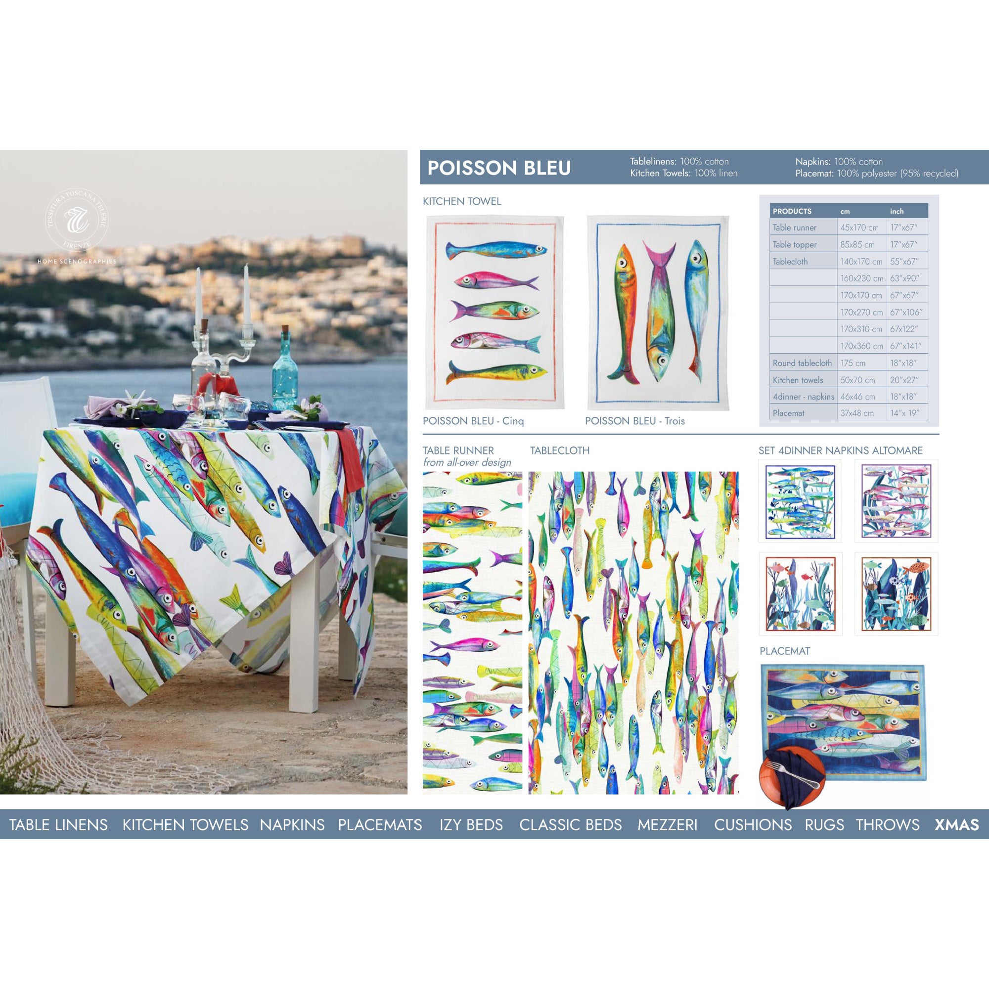 Katoenen tafelkleed Poisson Bleu met gekleurde vissen kies je formaat (ook rond en als tafelloper)