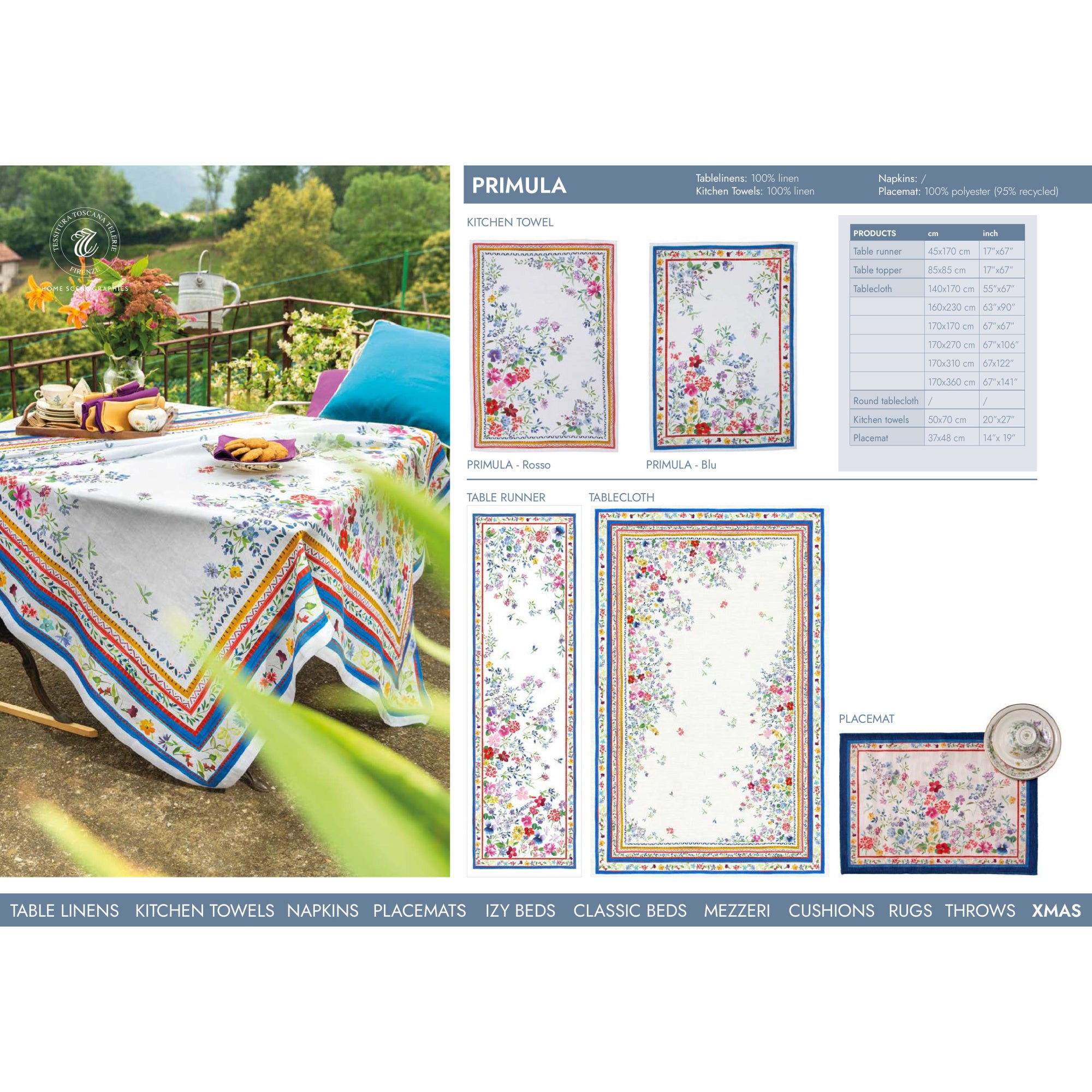 Primula tafelloper en tafelkleden met aquarel met voorjaarsbloemetjes en rood-blauwe rand, kies je formaat