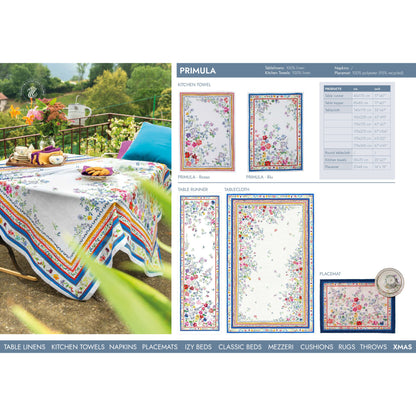 Primula tafelloper en tafelkleden met aquarel met voorjaarsbloemetjes en rood-blauwe rand, kies je formaat