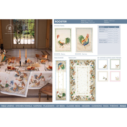 Roosters linnen tafelkleden, -loper met hanen en kippen, kies je formaat