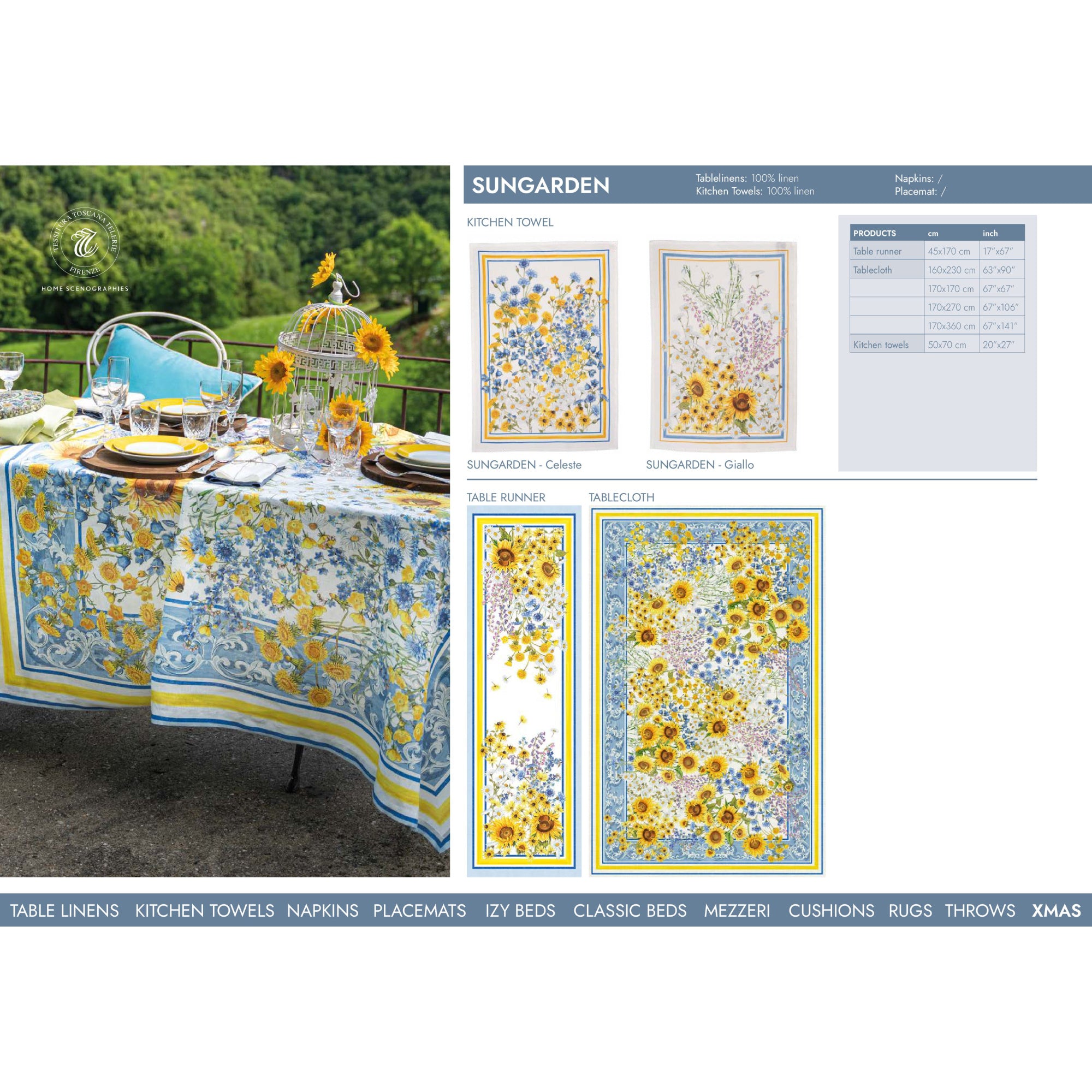 Sungarden linnen tafelkleden en loper vol met blauwe en gele bloemen, kies je formaat