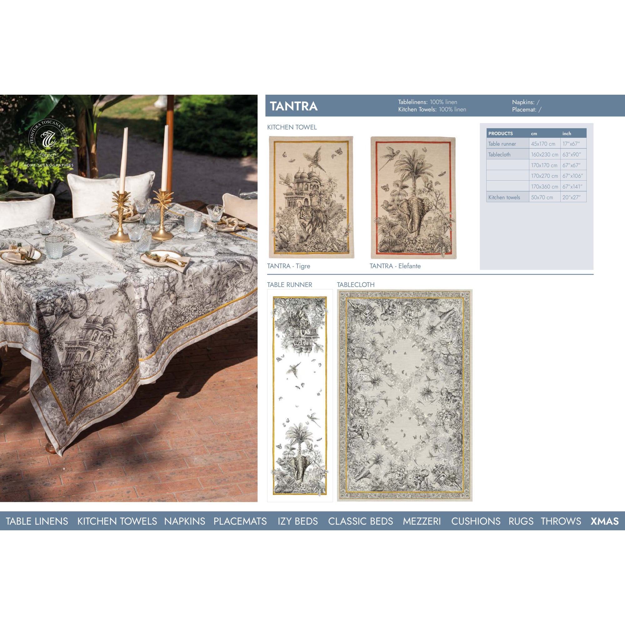 Tantra linnen tafelkleden en loper met tijger, olifant, Indiase paleizen en palmen, kies je formaat