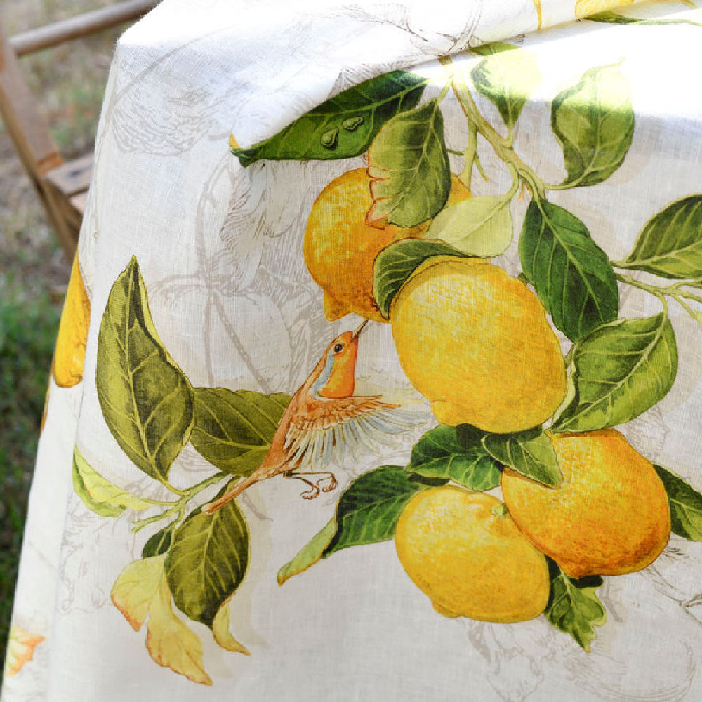 Linnen tafelkleed Limoncello met citroenen en vogeltjes, kies je formaat (ook rond en als tafelloper)