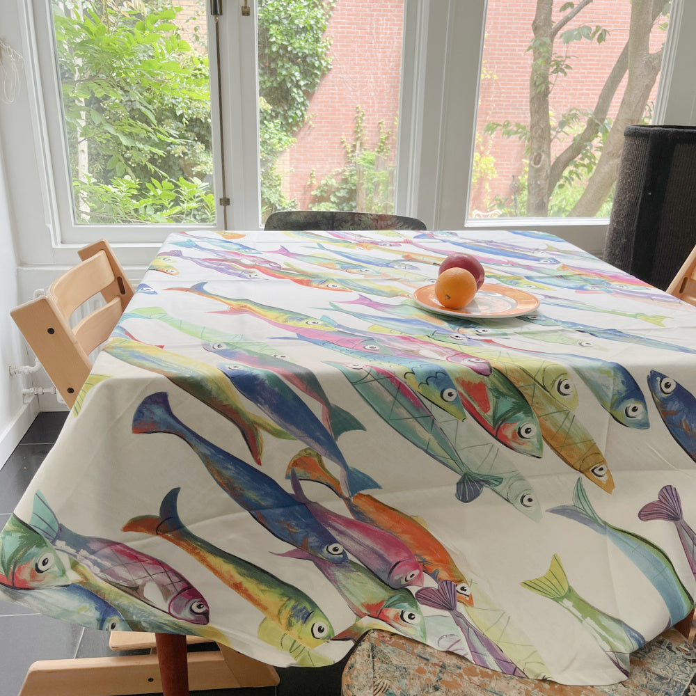 Katoenen tafelkleed Poisson Bleu met gekleurde vissen kies je formaat (ook rond en als tafelloper)