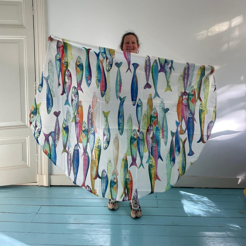 Katoenen tafelkleed Poisson Bleu met gekleurde vissen kies je formaat (ook rond en als tafelloper)