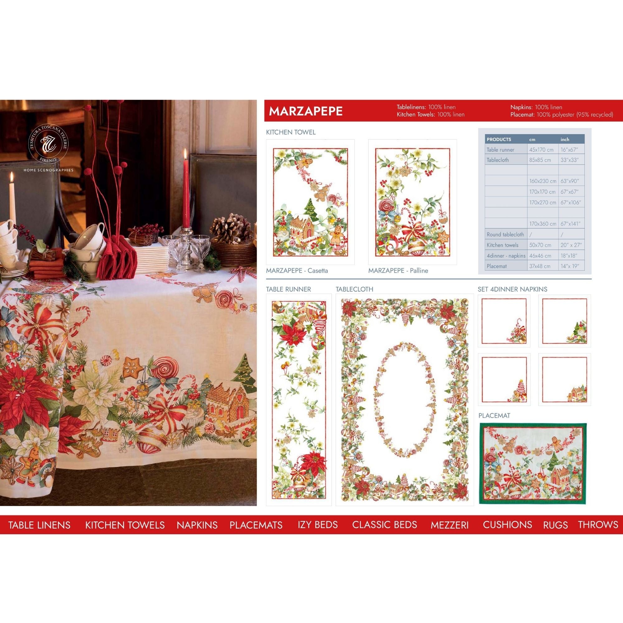 Marzapepe Kersttafelkleed, loper en servetten met peperkoekmannetjes en andere kerstvrolijkheid, linnen, kies je formaat, kies je maat