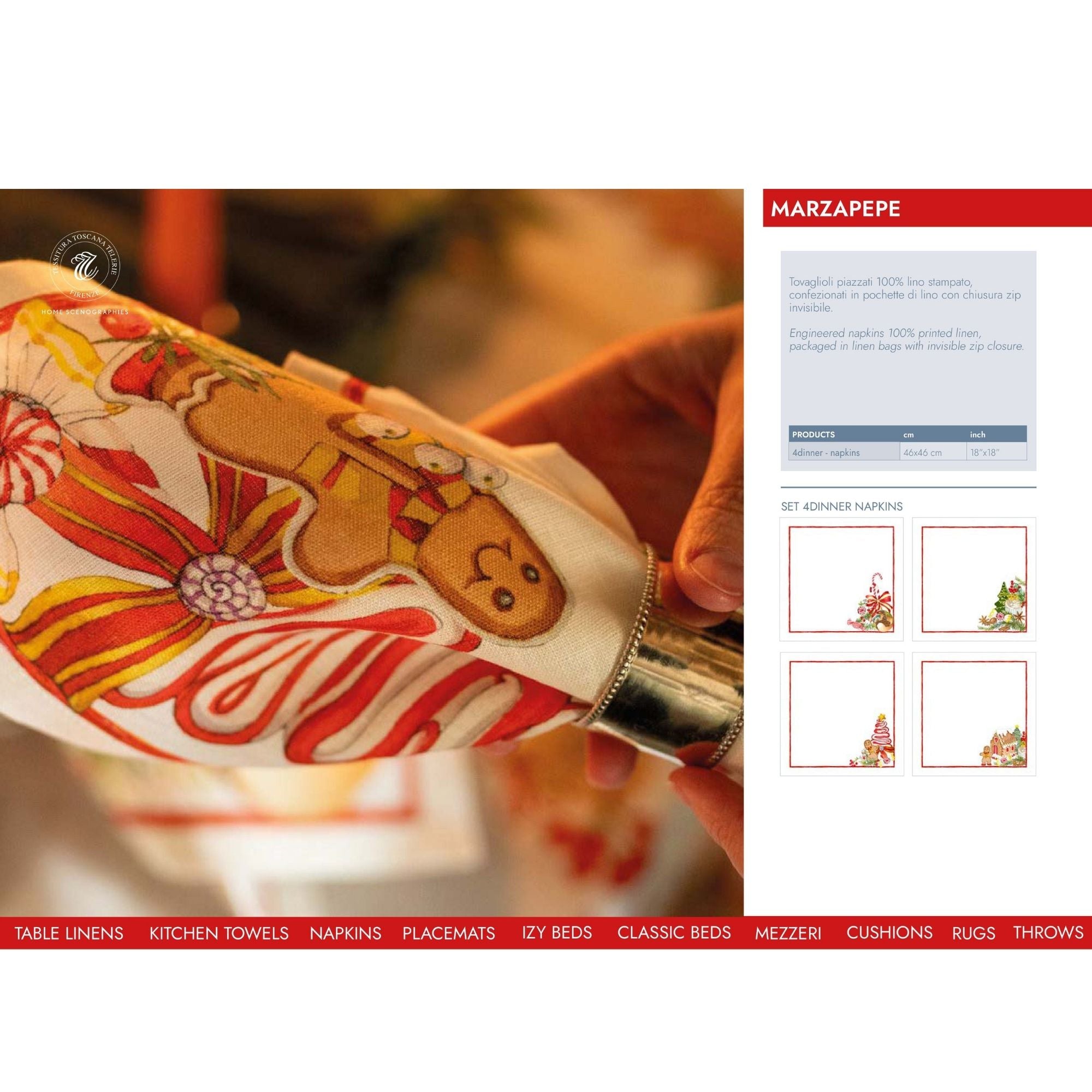 Marzapepe Kersttafelkleed, loper en servetten met peperkoekmannetjes en andere kerstvrolijkheid, linnen, kies je formaat, kies je maat