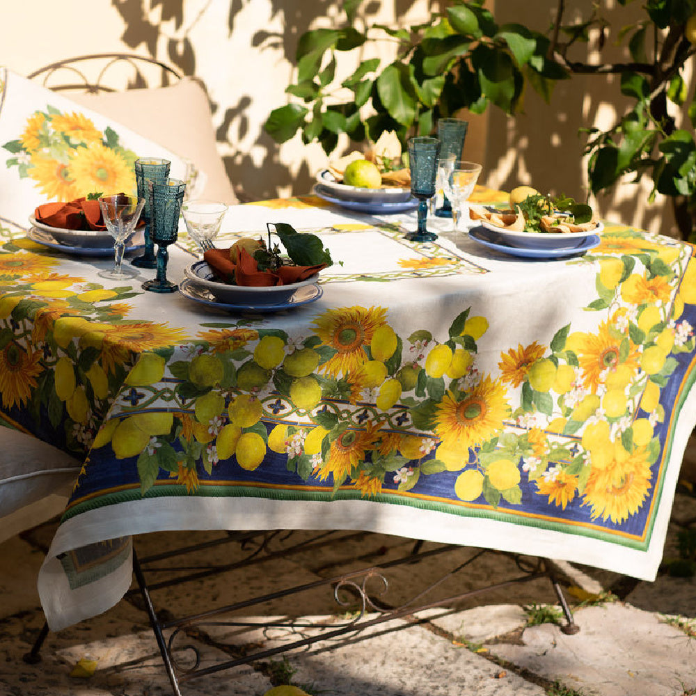 Etruscan Garden linnen tafelloper en tafelkleden met citroenen en zonnebloemen, Kies je formaat