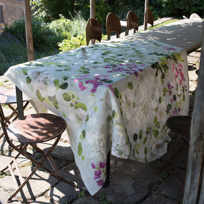 Katoenen tafelkleed Biscondola, greige met rozen in wit en roze, kies je formaat (ook rond en als tafelloper)