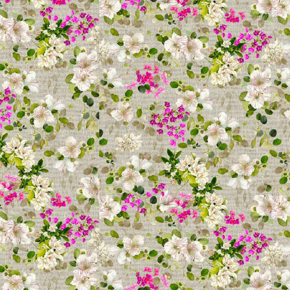 Katoenen tafelkleed Biscondola, greige met rozen in wit en roze, kies je formaat (ook rond en als tafelloper)