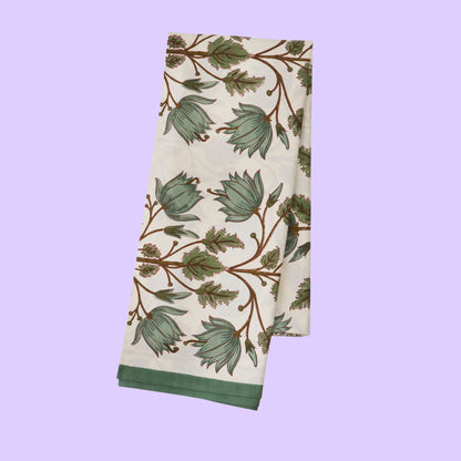 Bungalow Flora Sage, katoenen blokprint tafelkleed, gebroken wit met groen | 170 x 300 cm