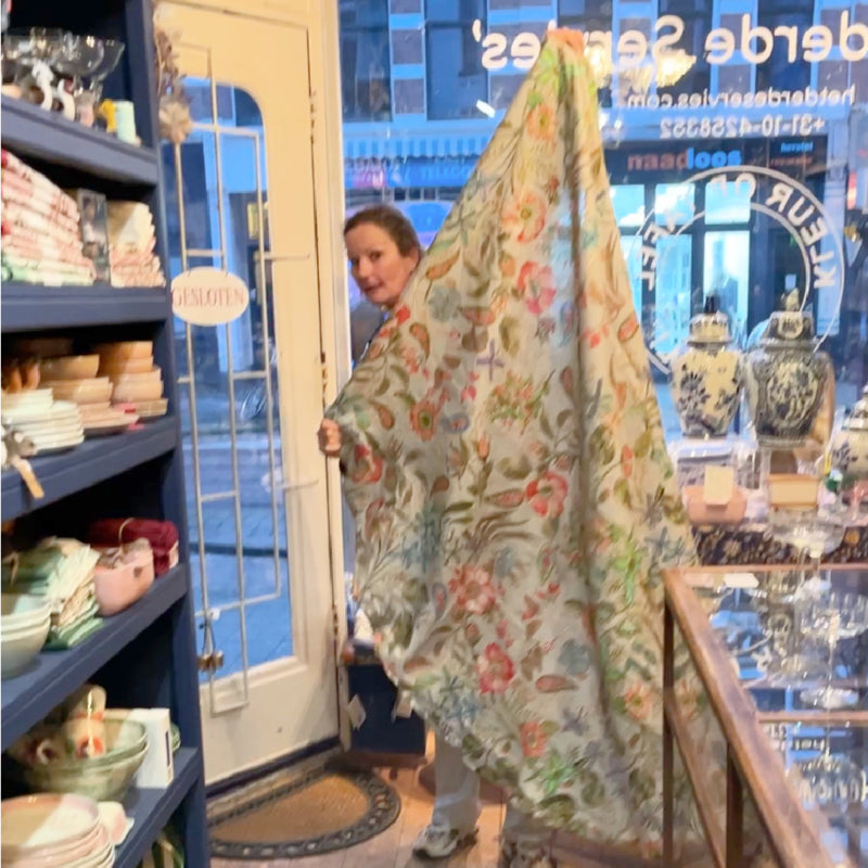 Rond linnen tafelkleed Occitane Ø 170 cm vrolijke bloemen op touwkleurige ondergrond