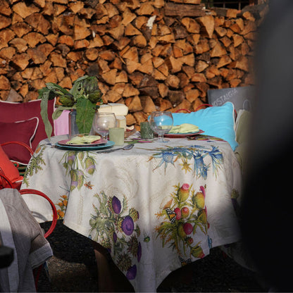Linnen tafelkleed Cynar met artisjokken, distels, ijsbloemen en vlinders, kies je formaat (ook rond en als tafelloper)
