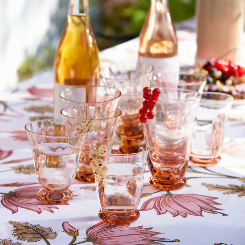 Bungalow cotton block print tablecloth Flora Rose, off-white with shades of pink, olive, and gold brown | 170 x 300 cm