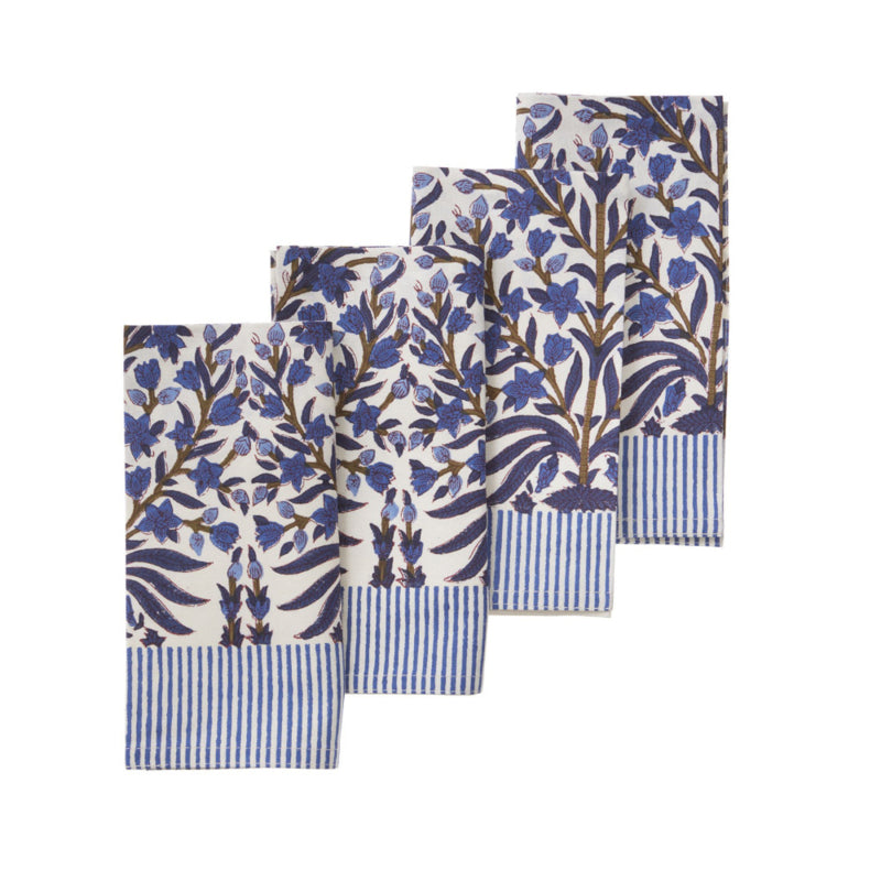 Bungalow blauw gebloemd en gestreepte blokprint servetten Jasmine indigo, 4 stuks | 45 x 45 cm