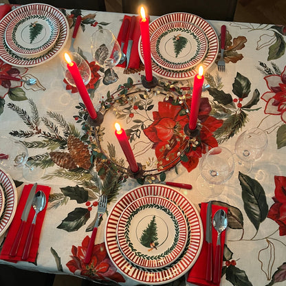 Etoile linnen kersttafelkleed en loper met poinsettia, eikenblad, hulst. Kies je formaat (ook in het rond!)