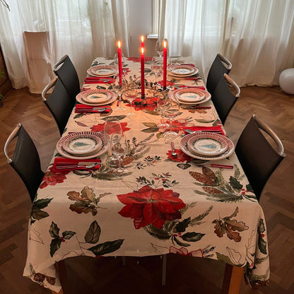 Etoile linnen kersttafelkleed en loper met poinsettia, eikenblad, hulst. Kies je formaat (ook in het rond!)