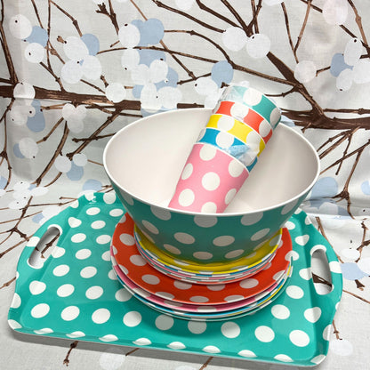 Polkadot kleur, set van schaal, dienblad, bekers, dinerborden en ontbijtborden voor 5 personen | Kleuroptafel