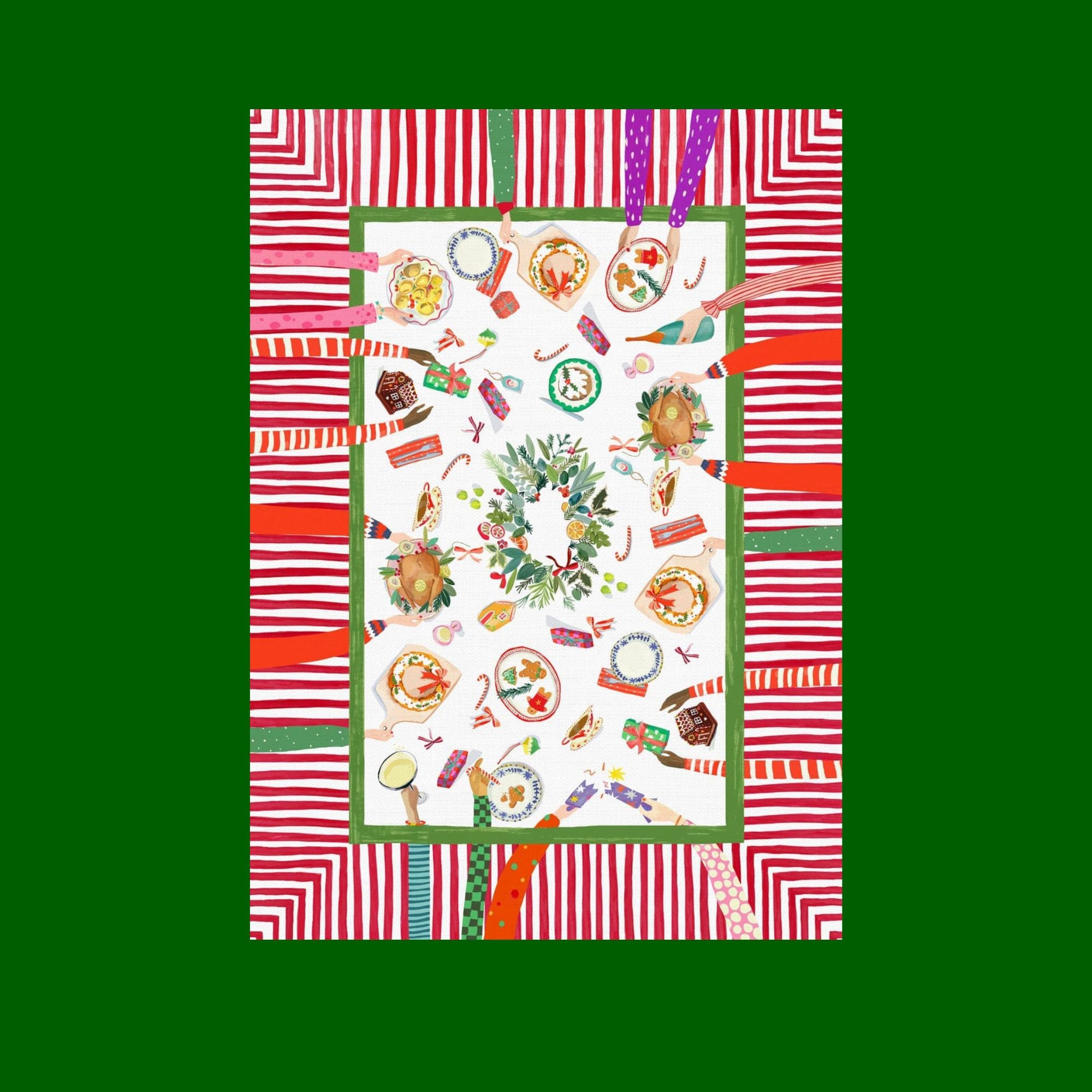 Hand on Christmas kersttafelkleed en loper met handjes die niet van het lekkers kunnen afblijven. Kies je formaat (ook in het rond!)