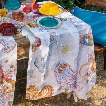Stof Jelly (voor een XL tafelkleed) met zeepaardjes, koraal, schelpen en kwallen, hennep, per halve meter