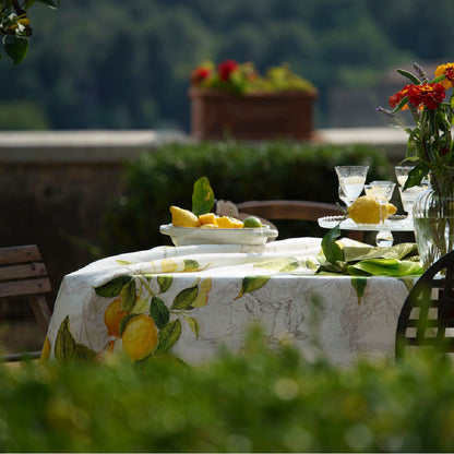 Linnen tafelkleed Limoncello met citroenen en vogeltjes, kies je formaat (ook rond en als tafelloper)