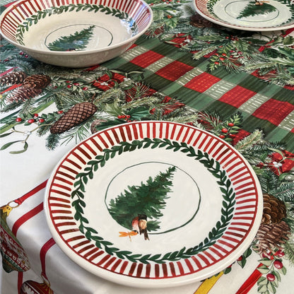 Kersttafelkleed Pinoel met kerstballen en een kant en klaar ‘centrepiece’ kies je formaat (ook rond en als tafelloper)