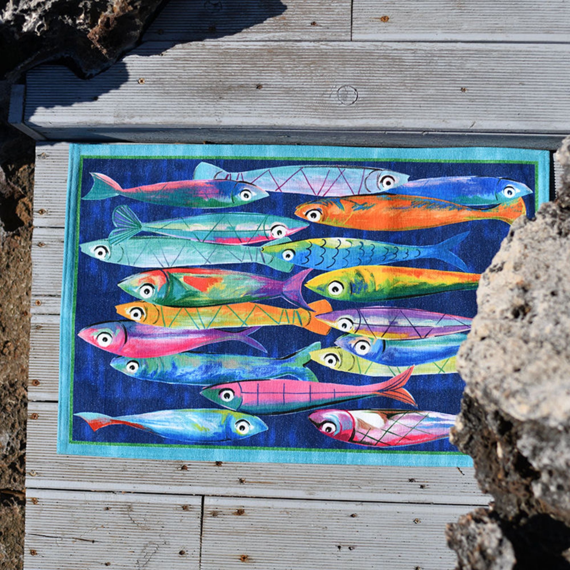Deurmat en ganglopers Poisson Bleu met vissen en heel veel kleur