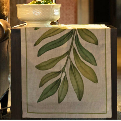 Tamarindo linnen tafelkleden en loper met een groot tamarindeblad, kies je formaat