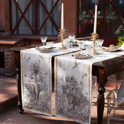 Tantra linnen tafelkleden en loper met tijger, olifant, Indiase paleizen en palmen, kies je formaat